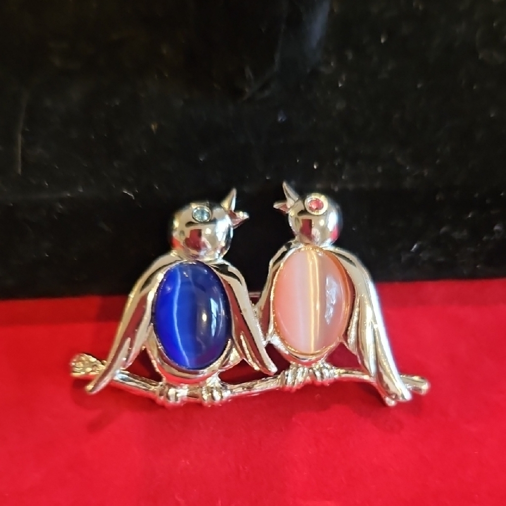 Vintage Brooche 2 Birds Blue And Pink Stones On Silver Tone 2x1.25 VGUC